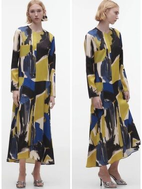 Zara Abstract Print Long Sleeve Maxi Dress in Yellow-Blue Small Avant Garde